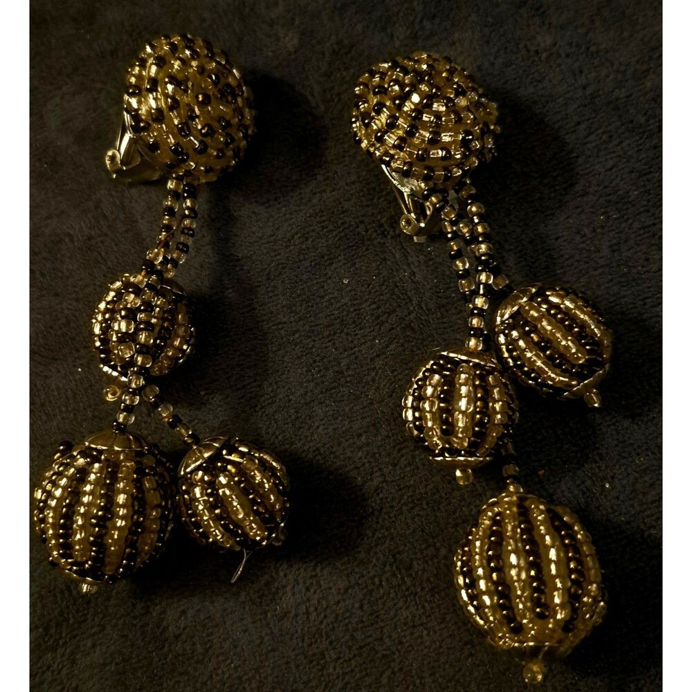Vintage  Seed Bead Dangle Earrings 3 Ball Drop Clip On Brown Gold Clear